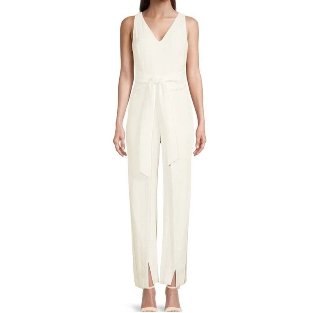 Antonio Melani Jumpsuit White Size 14 Stretch Crepe Sleeveless Split Leg Tie